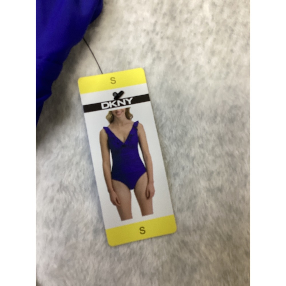 DKNY Womens Royal Blue Ruffle V-Neck Ruched One Piece Swimsuit Size S 1943727 - Picture 2 of 5